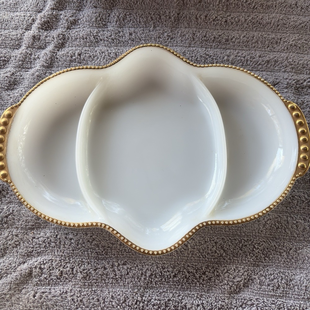 Vintage Fire King Anchor Hocking Milk Glass Relish Dish Tray Gold Trim Made USA